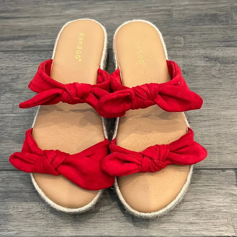 Bamboo Bow Tie Espadrille‎ Flatform Slip-On Sandals Red Womens Size 8